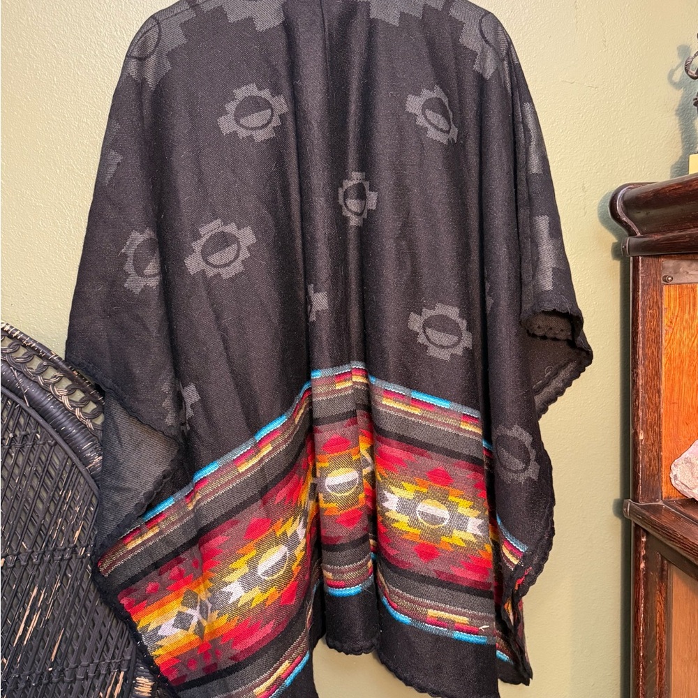 Black Poncho with Colorful Pattern - Picture 3 of 4